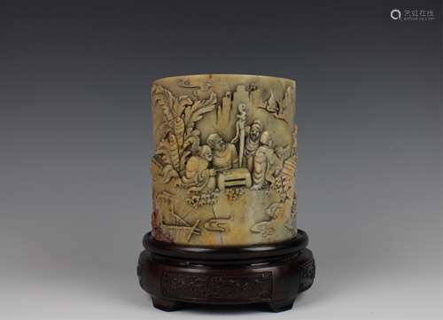 CHINESE SOAPSTONE CARVED BRUSH POT