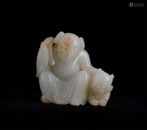 CHINESE WHITE JADE CARVED BOY WITH CAT