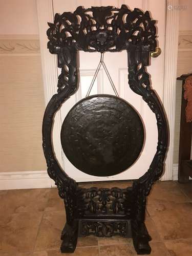 Chinese Qing Dynasty Carved Hardwood Bronze Gong