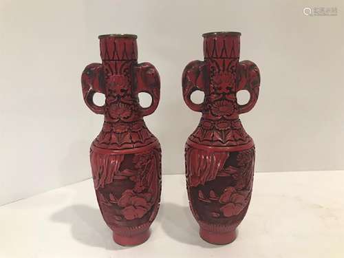 A Pair of 20th Century Chinese Cinnabar Carved Vases