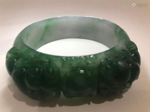 Carved Burma Jadeite with Two Cats & Ruyi Bangle