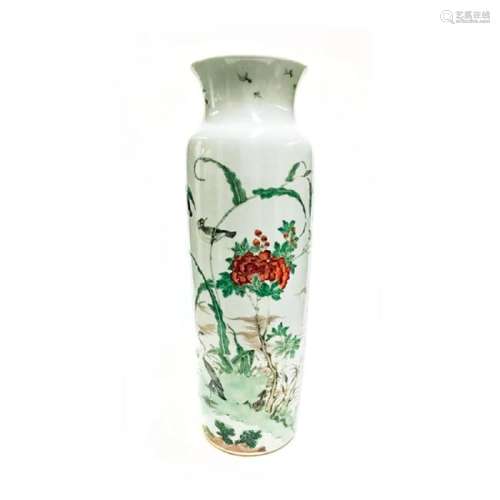 Large Chinese Famille Verte Cylinder Porcelain Vase