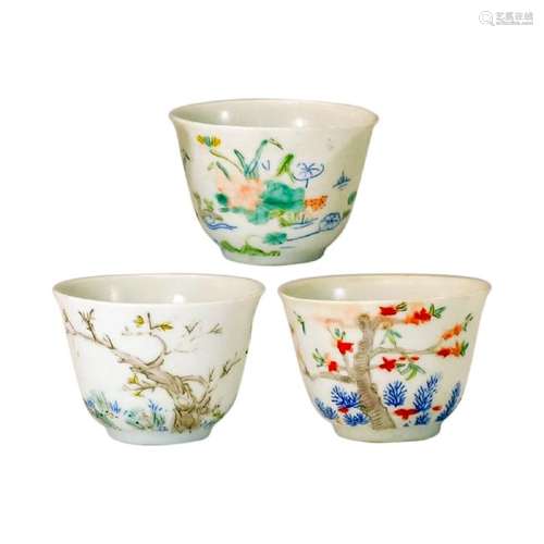 Three Chinese Famille Rose Porcelain Wine Cups, Kangxi