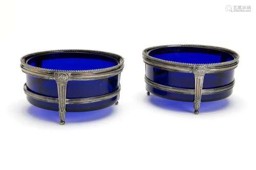 Two Dutch silver jardinieres with blue glass liners