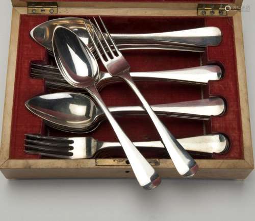 Twelve Dutch silver table spoons and table forks in wooden canteen