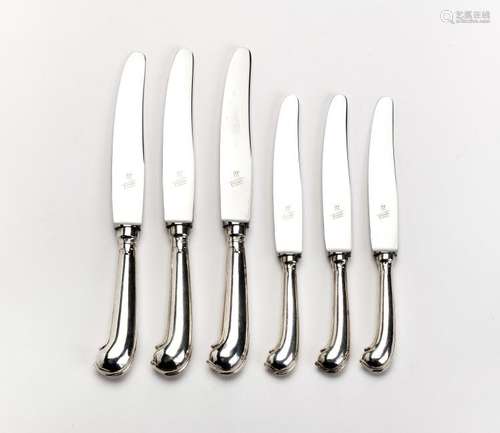 Six Dutch silver table knives and five dessert knives with pistol grip