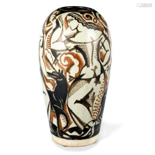 ƒ RENÉ BUTHAUD (1886-1986) Vase ovoïde en faïence, décor d'une frise de femmes et d'animaux, émaux noirs et bruns sur fond bleu cl...
