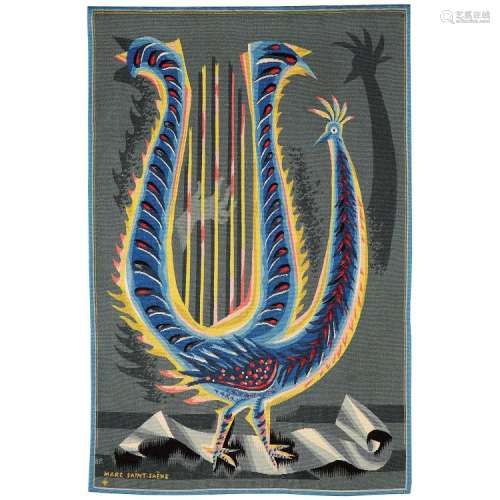 MARC SAINT-SAËNS (1903-1979) & RENÉ BAUDONNET (ATELIER) L'oiseau lyre Tapisserie d'Aubusson basse lisse, tissage en laines polyc...