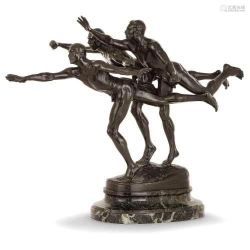 ALFRED BOUCHER (1850-1934) & SIOT (FONDEUR) Au but) Sculpture en bronze à patine noire, représentant un groupe de trois athlètes...