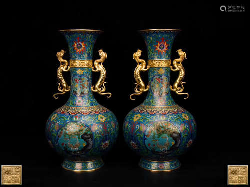 PAIR CLOISONNE ENAMELED PEAR SHAPED VASES