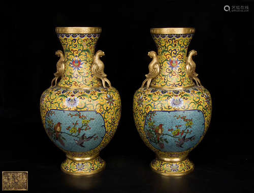 PAIR CLOISONNE ENAMELED VASES WITH QIANLONG MARK