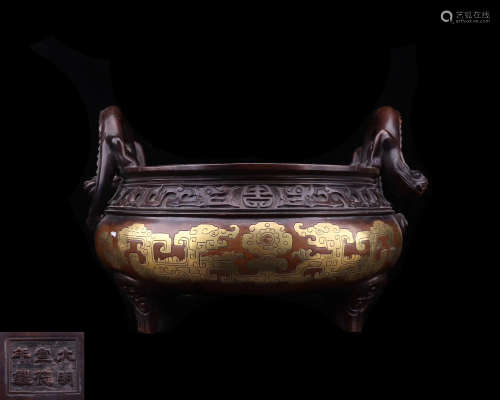 A GILT TRIPOD CENSER WITH XUANDE MARK
