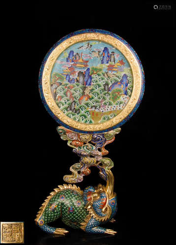 A CLOISONNE ENAMELED SCREEN WITH QINGLONG MARK