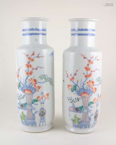 PAIR DOUBLE-CIRCLE LINE MARK CYLINDRICAL VASES