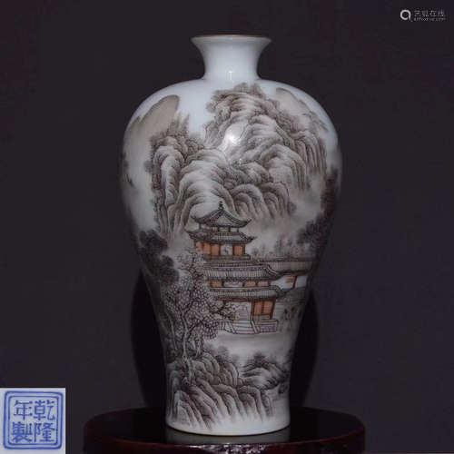 A INK LANDSCAPE DECORATED MEI VASE WITH MARK