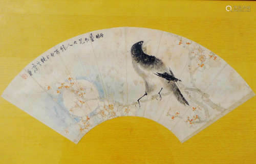 KANG SHOU ,A CHINESE INK AND COLOR FAN LEAF PAINTING