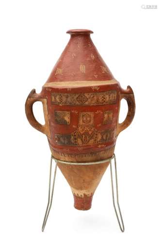 A North African painted pottery jar on an iron stand