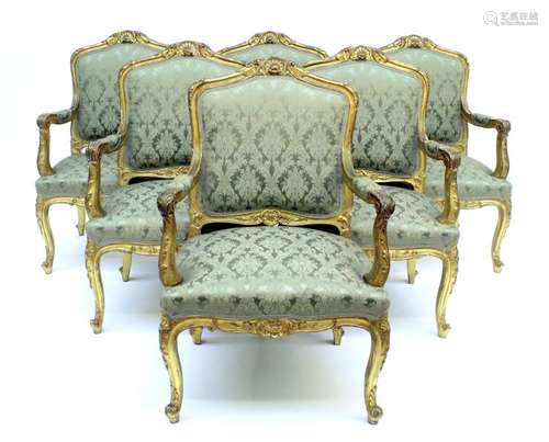 Six gilt wooden Louis XV armchairs