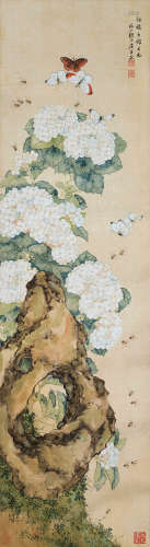 居廉（1828～1904） 蜂花图 镜框 设色绢本