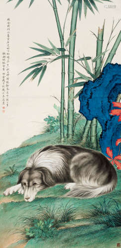 陈缘督（1902～1967） 卧犬 镜框 设色纸本