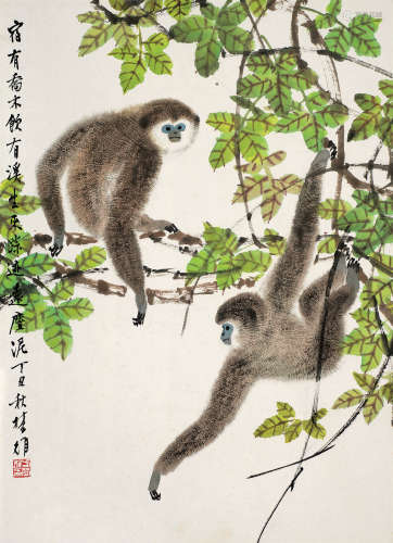 方楚雄（b.1950） 1997年作 双猴 镜框 设色纸本