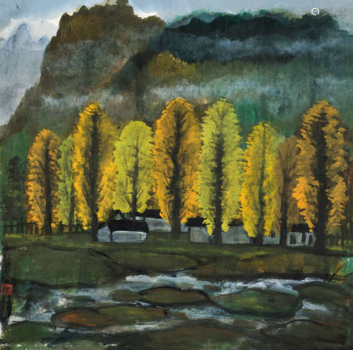 林风眠（1900～1991） 秋林野屋 镜框 设色纸本