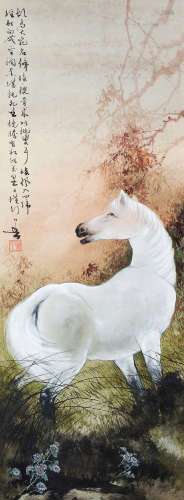 黄幻吾（1906～1985） 白马图 镜框 设色纸本