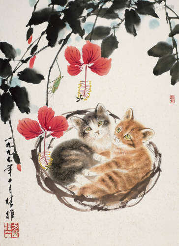 方楚雄（b.1950） 芙蓉双猫 镜框 设色纸本