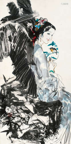 林墉（b.1942） 1992年作 芭蕉仕女 镜框 设色纸本