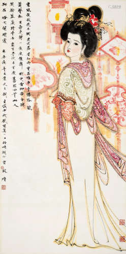 林墉（b.1942） 1982年作 元宵花灯仕女 镜框 设色纸本