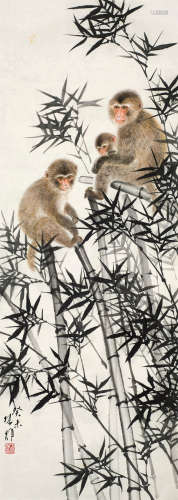 方楚雄（b.1950） 2003年作 三猴图 镜框 设色纸本