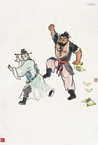 关良（1900～1986） 李逵扯诏 镜框 设色纸本