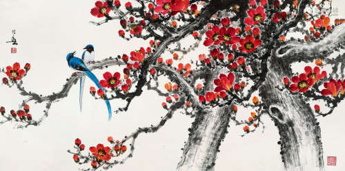 黄幻吾（1906～1985） 木棉双禽 镜框 设色纸本