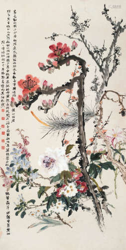 关山月（1912～2000）等 1949年作 花卉 立轴 设色纸本