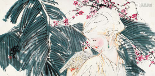 林墉（b.1942） 1988年作 芭蕉少女 镜框 设色纸本