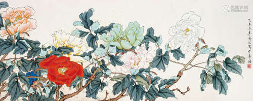 李凤公（1883～1967） 1955年作 富贵图 镜框 设色纸本
