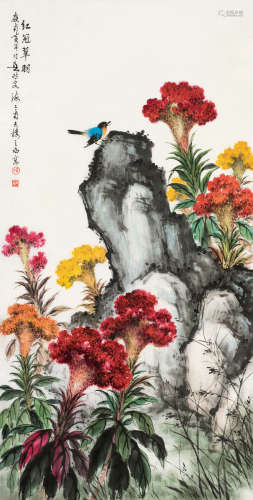 黄幻吾（1906～1985） 红冠翠羽 镜框 设色纸本