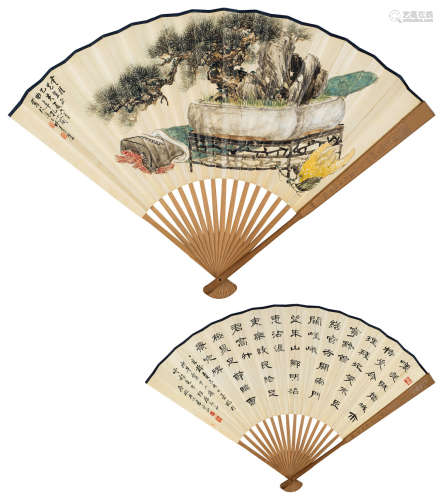 孔小瑜 季守正（1899～1984） 清供图 书法 成扇 设色纸本