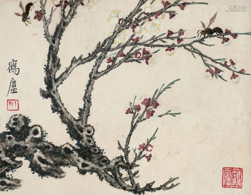 丁辅之（1879～1949） 桃花蜜蜂图 镜框 设色纸本