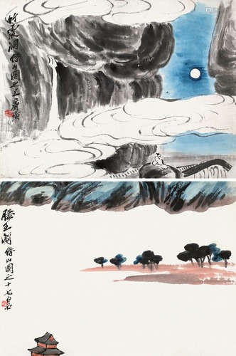 齐白石（1864～1957） 借山图 （二帧） 镜框 设色纸本