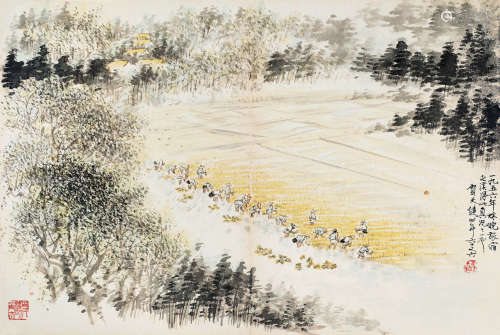 贺天健（1891～1977） 农忙图 镜框 设色纸本