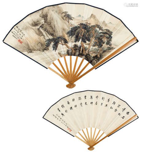 张石园 冒广生（1898～1959） 山水 书法 成扇 设色纸本