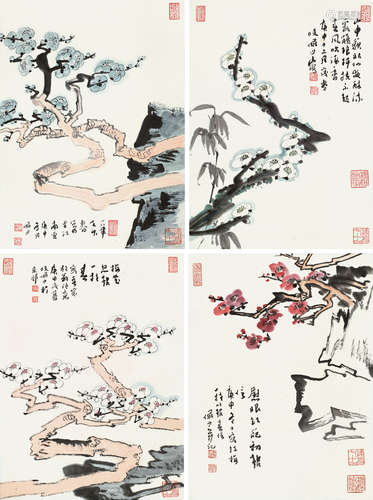 陆俨少（1909～1993） 1980年作 四色梅花 镜片 （四开） 设色纸本