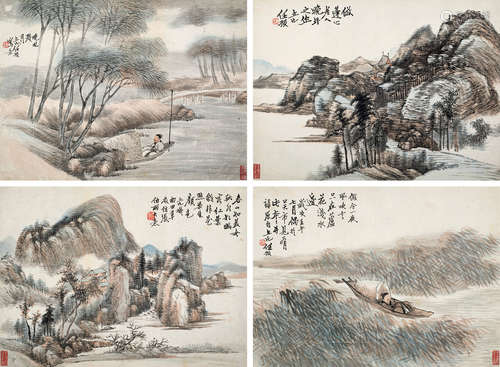 任预（1853～1901） 1882年作 山水 四屏立轴 设色纸本