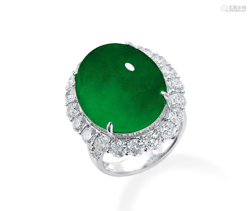 天然满绿翡翠蛋面 配 钻石 戒指