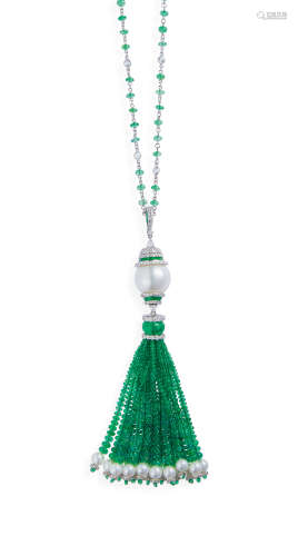 天然祖母绿 配 珍珠、钻石 吊坠长项链