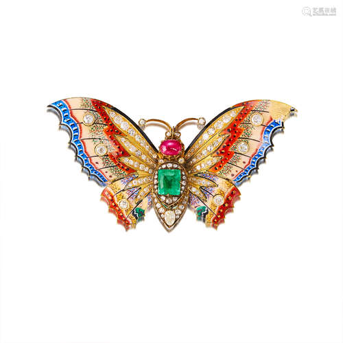 An Emerald, Ruby, Diamond And Enamel Novelty Brooch,  Circa 1940