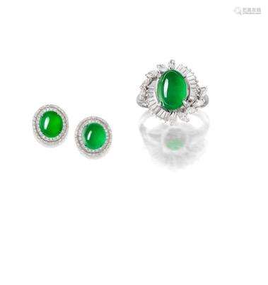 (2) A Pair of Jadeite and Diamond Earrings and A Ring