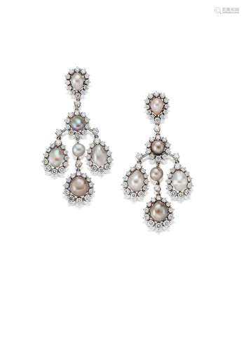 A Pair of Natural Pearl and Diamond Pendent Earrings, by Claudia Ma