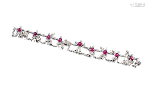 A Fine Art Deco Star Ruby, Onyx and Diamond Novelty Bracelet, by William Ruser, Circa 1930